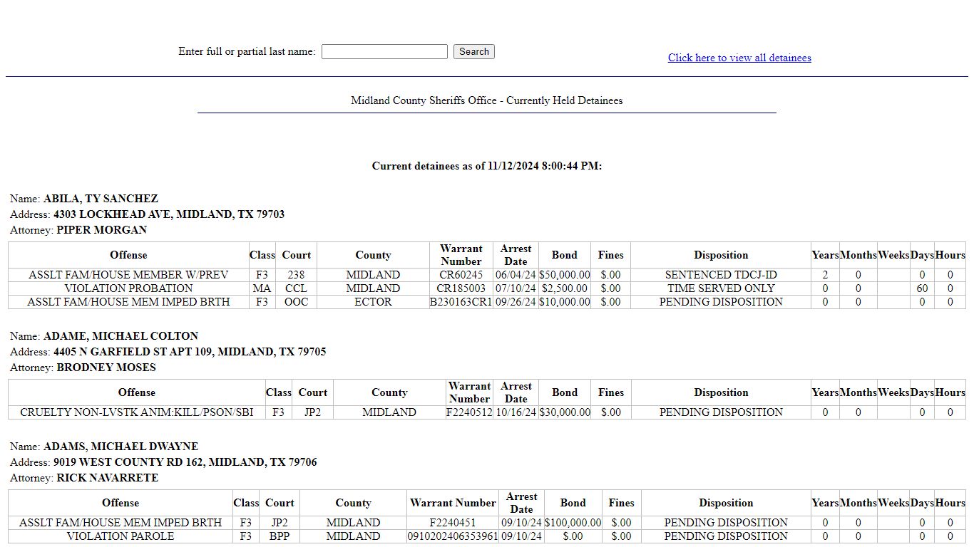 Midland County Sheriffs Office - Currently Held Detainees